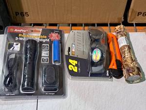 lot 538 image: Lot of (4) Hand ToolsAccessories - AmPro Rechargeable Flashlight, NASCAR #24 Sunglasses, Camo Flashlight, Box Cutter
