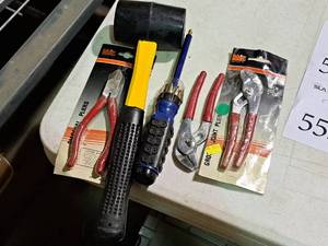 lot 555 image: Lot of (5) Hand Tools - Groove Joint Pliers, Diagonal Pliers, Mallet, Multi-bit Screwdriver