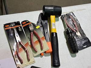 lot 554 image: Lot of (6) Hand Tools - MIT Bent Nose Pliers, MIT Diagonal Pliers, Locking Pliers, Mallet, Multi-bit Screwdriver, Diaginal Pliers