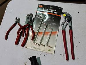 lot 561 image: Lot of (5) Hand Tools - MIT 3pc Offset Screwdriver Set, Groove Joint Pliers, Cutters, Needlenose Pliers, Pliers