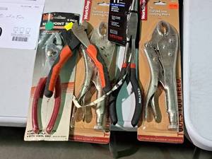 lot 560 image: Lot of (5) Hand Tools - Tekton 11 Long Reach Bent Nose Pliers, Workshop 10 Locking Pliers, MIT Diagonal Pliers, Cutter, MIT Slip Joint Pliers