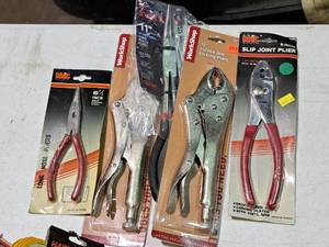 lot 573 image: Lot of (5) Hand Tools - MIT Long Nose Pliers, Workshop Locking Pliers, MIT Slip Joint Pliers, Tekton 11 Long Reach Bent Nose Pliers