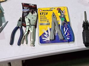 lot 579 image: Lot of (5) Hand Tools - Alltrade 17-in-1 Multitool, Tekton 10 Locking Pliers, Slip Joint Pliers, Wire Cutters, Multi-bit Screwdriver
