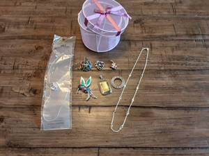lot 14 image: Trinket Box With Lot Of Set Stone Pendent Charms & Misc. Necklaces