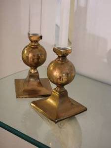 lot 5 image: Tall Lucite and Brass Candlesticks