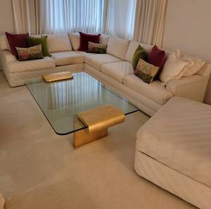 lot 1 image: Selig Striped Damask Cream Sectional and Ottoman