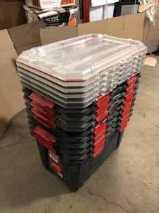 lot 7 image: Lot of 20-Gal. Professional Duty Waterproof Storage Container with Hinged Lid in Black by Husky  Customer Returns See Pictures