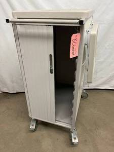lot 20 image: MSRP $2200 InnerSpace Healthcare Storage Locking Tray Trolley Rolling Cart - Locking Front Door RollsGlides Away To Reveal Storage Organization Baskets & Slide Out Tray Flip Up Side Table Too 