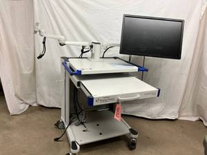 lot 26 image: MSRP $3500 BIOSENSE WEBSTER CARTO 3 SYSTEM COMPUTER WORKSTATION CART WITH 2 PIVOTING MONITOR ARMS PLUS DELL LARGE SCREEN MONITOR (TESTED AS WORKING) & SLIDE OUT TRAY 