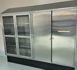 lot 2 image: WOWOW MSRP $28,000 Very Large Heavy Gauge Stainless Steel Operating Room Double Wide Cabinet WGlass Double Doors Multi Steel Shelves & Stainless Steel Double Doors Multi Steel Shelve & 3 Sided Peg Board For Hanging Tools Awesome