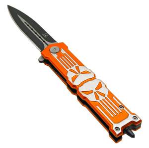 5 Tech Tough Stainless Steel Punisher Skull Folding Pocket Knife - Orange
