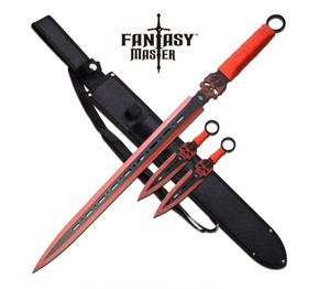 Red Skull Ninja Sword with Throwing Knives Set�