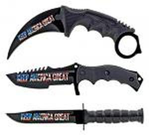 3 - pc. Tactical, Hunting, and Karambit Knife Set Collection - Patriotic Keep America Great President Trump
