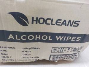 lot 89 image: case of 1200 Hocleans alcohol wipes.