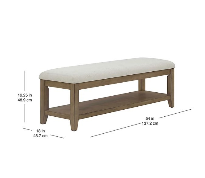 lot 241 image: NEW Westport Beige Fabric Upholstery and Wood Bench with Lower Storage Shelf