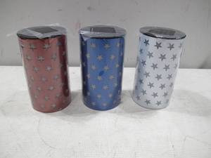 lot 911 image: NEW Three pack of Outdoozie Metal Patriotic Red, White & Blue Solar Light Lantern w Stars