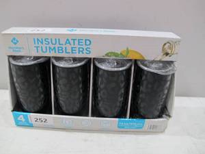 lot 252 image: NEW Members Mark 14oz. Stainless Steel Insulated Flute Tumblers with Lids, 4 Pack -
