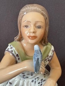 lot 68 image: Vintage Dahl Jensen Porcelain Anne with Bird Figurine No. 1366