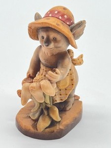 lot 84 image: Miniature Anri Sarah Kay Green Thumb Koala Bear Watering Sunflower Wood Carved Figurine