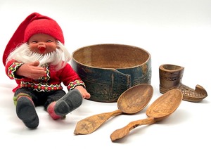 lot 85 image: Antique Swedish Wooden Bowl, Carved Shoe, Gnome and Wooden Spoons