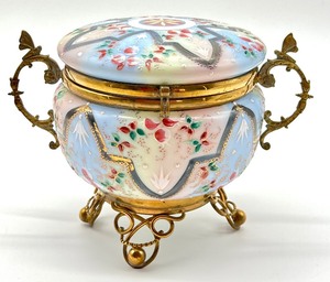 lot 24 image: Antique Ornate Porcelain Hand Painted Dresser Jar with Brass Stand