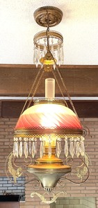 lot 4A image: Antique Cranberry Swirl Satin Victorian Hanging Light Fixture