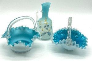 lot 231 image: Three Pieces of Antique Victorian Aqua Blue Glassware including a Victorian Blue Spangle Basket with Thorn Handle