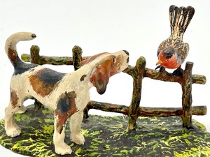lot 137 image: Antique Cold Painted Bronze Figurine of a Dog and Bird