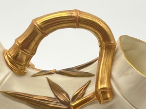 lot 141 image: Antique Royal Worchester Ivory with Gold Simulated Bamboo Twig Handled Double Mouth Vase