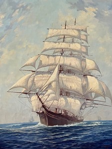 lot 3 image: Vintage Framed American Clipper Original Oil Painting by Arthur Small