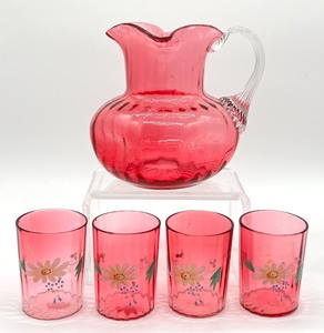 lot 281 image: Antique Victorian Cranberry Glass Pitcher and Four Hand Painted Tumblers