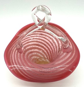 lot 333 image: Antique Striped Unique Hand Blown Art Glass Bowl with Twisted Handle