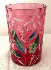 lot 338 image: Antique Victorian Cranberry Glass Footed Bowl and Petite Hand Painted Glass Tumbler