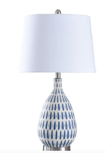 lot 213 image: 28 in. Off-WhiteBlue Table Lamp with Off White Hardback Fabric Shade (OPEN BOX)