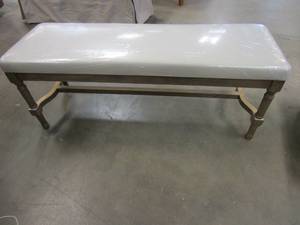 lot 248 image: 47 in x 17 in Wood Bench with Beige Cushion (OUT OF PACKAGING)