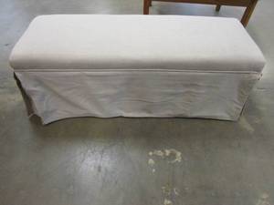 lot 249 image: 47 in Beige Fabric Bench with Fabric Coverage for Concealed Storage (OUT OF PACKAGING)