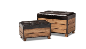 lot 315 image: Rustic Dark Brown Faux Leather 2-Piece Wood Storage Trunk Ottoman Set (OUT OF PACKAGING)