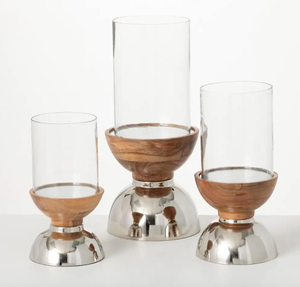 lot 346 image: SULLIVANS 8.5in, 10.5 in. and 14 in. Silver and Wood Pillar Candle Holders (Set of 3)