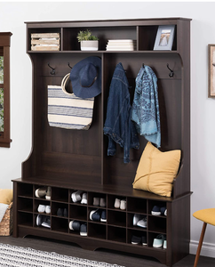 lot 377 image: Prepac 60 inch Wide Hall Tree with 24 Shoe Cubbies, Espresso (IN BOX)