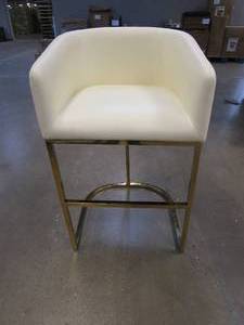 lot 368 image: Manhattan Comfort Louvre Mid Century Modern Faux Leather Kitchen Barstool with Geometric Base, 21, Single, Cream