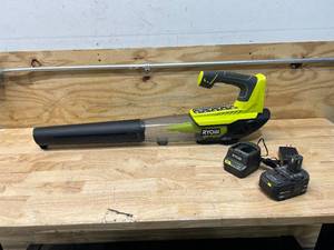 lot 13 image: RYOBI 18V Cordless Leaf Blower with 4Ah Battery and Charger (P21081VNM)