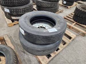 lot 112 image: Lot of (2) Hankook Radial F80 29575R22.5 Tires on 22.5 Semi Rims