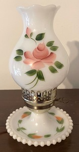 lot 84 image: Pair of Lovely Vintage Milk Glass Hand Painted Floral Lamps