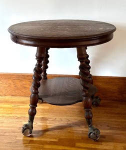 lot 4 image: Antique Parlor Table with Twist Legs and Glass Ball Claw Feet