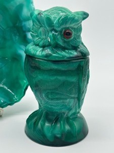 lot 100A image: Two Pieces of Vintage Imperial Slag Glass including Vintage Slag Glass Owl Figurine and Rose Embossed Bowl