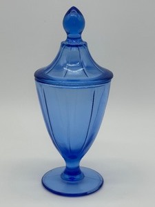lot 93 image: Fun Vintage Blue Glassware Items including Vintage Shirley Temple Creamer and Cambridge Glass Jar