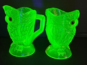 lot 12A image: Pair of Uranium Glass Owl Syrup Pitchers