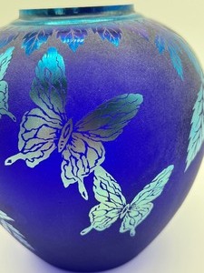 lot 63 image: Fenton Glass Cobalt Blue Hand Painted Butterfly Vase