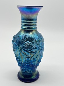 lot 106 image: Fenton Glass Cobalt Blue Favrene Iridescent Vase signed by Tom Fenton
