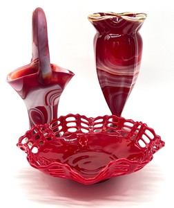lot 117 image: Three Pieces of Vintage Red Glassware including an Imperial Red Slag Glass Basket